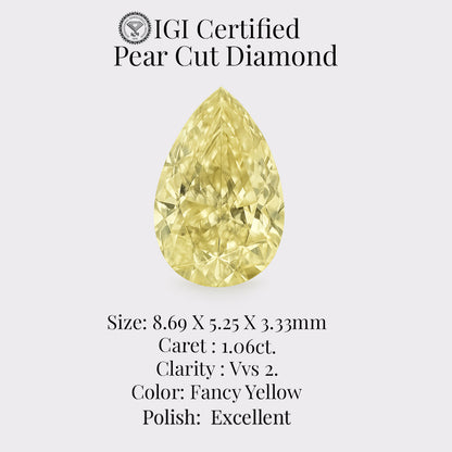Pear Cut 1.06 Ct IGI Certified Fancy Yellow Diamond – Finora Jewelry