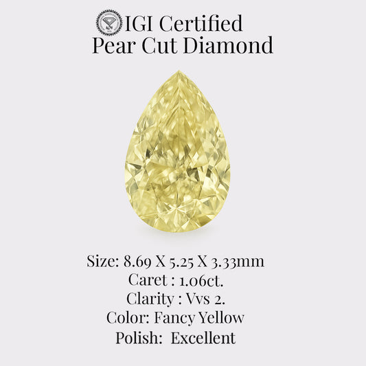 Pear Cut 1.06 Ct IGI Certified Fancy Yellow Diamond – Finora Jewelry