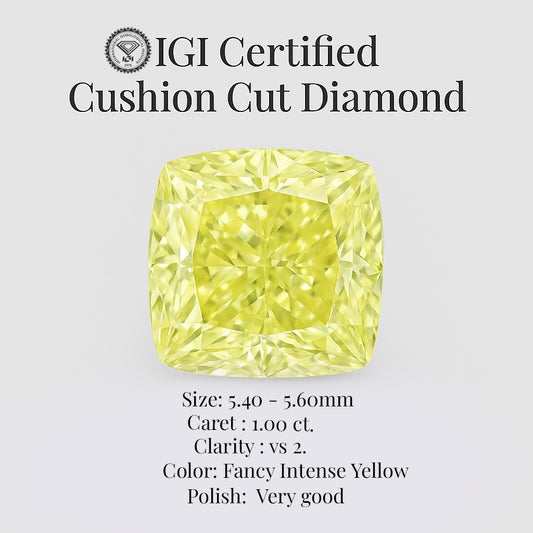 Cushion Cut 1.00ct IGI Certified Fancy Intense Yellow Diamond – Finora Jewelry