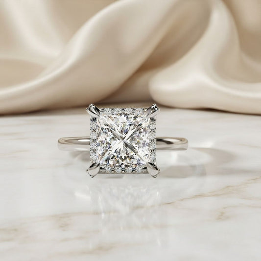 Princess Cut Moissanite Halo Engagement Ring – Elegant Square Solitaire for Proposal, Birthday or Anniversary Gift – 925 Silver / 10K / 14K Gold / Platinum – White / Yellow / Rose Gold – Finora Jewelry