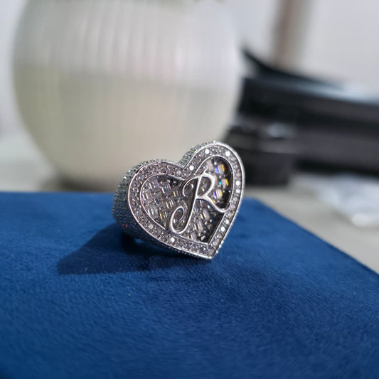 Custom Heart “R” Initial Moissanite Diamond Ring – Iced Out Personalized Ring | Finora Jewelry