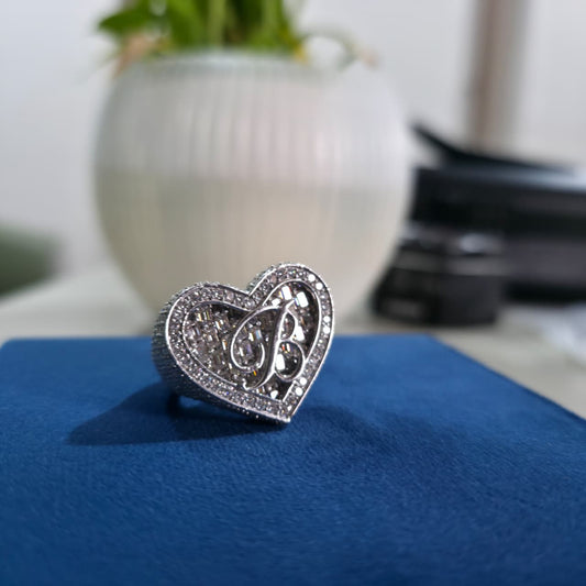 Custom Heart “B” Initial Moissanite Diamond Ring – Iced Out Personalized Ring | Finora Jewelry