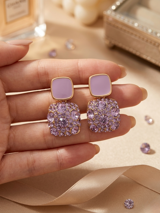 Lavender Enamel & Purple Crystal Cluster Statement Stud Earrings