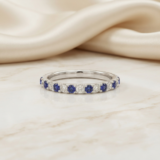 Blue & White Round Cut Moissanite Half Eternity Wedding Band, Stackable Ring – Finora Jewelry