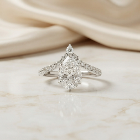Pear Cut Diamond Engagement Ring with Accent Pear & Pavé Band in 925 Silver, 10K/14K Gold, or Platinum – Finora Jewelry
