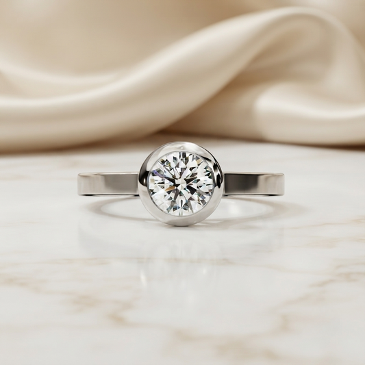 Minimalist Round Moissanite Bezel Set Ring – Modern Solitaire for Promise, Engagement or Birthday Gift – 925 Silver / 10K / 14K Gold / Platinum – White / Yellow / Rose Gold – Finora Jewelry