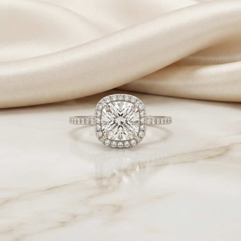 cushion cut halo ring – perfect for engagements or milestone anniversaries