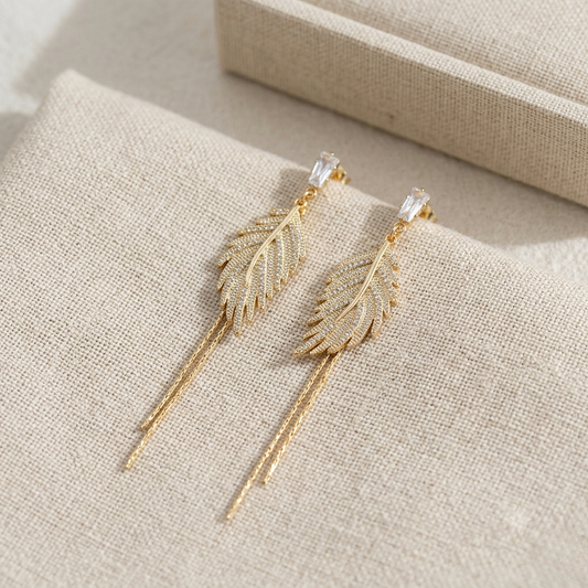 Gold-Tone Feather Tassel Drop Earrings with Crystal Accents