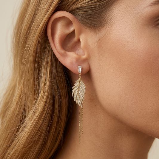 Gold-Tone Feather Tassel Drop Earrings with Crystal Accents