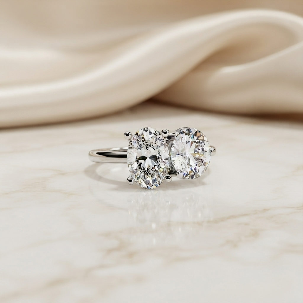 two-stone oval & round cut diamond engagement ring – harmonious duo in 925 silver, 10k / 14k gold, or platinum – finora emblem of balanced love & timeless sparkle – elegant gift for her
