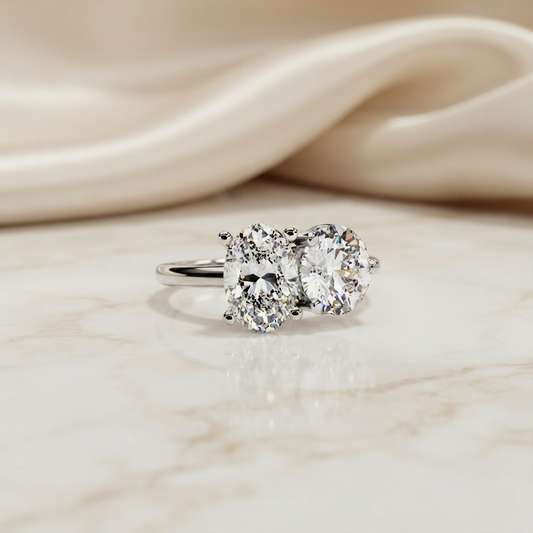 Two-Stone Oval & Round Cut Diamond Engagement Ring – Harmonious Duo in 925 Silver, 10K / 14K Gold, or Platinum – Finora Emblem of Balanced Love & Timeless Sparkle – Elegant Gift for Her