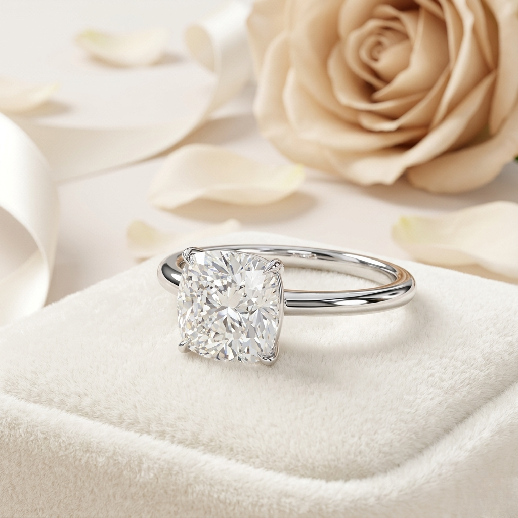 cushion cut moissanite solitaire engagement ring – elegant 4-prong setting in white gold, yellow gold, rose gold, or platinum | finora jewelry