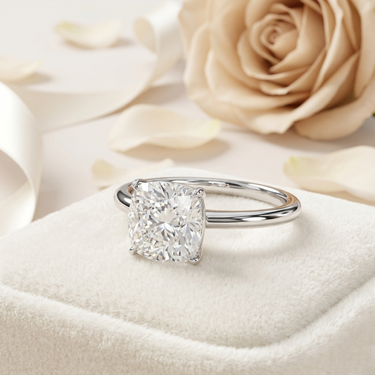 Cushion Cut Moissanite Solitaire Engagement Ring – Elegant 4-Prong Setting in White Gold, Yellow Gold, Rose Gold, or Platinum | Finora Jewelry