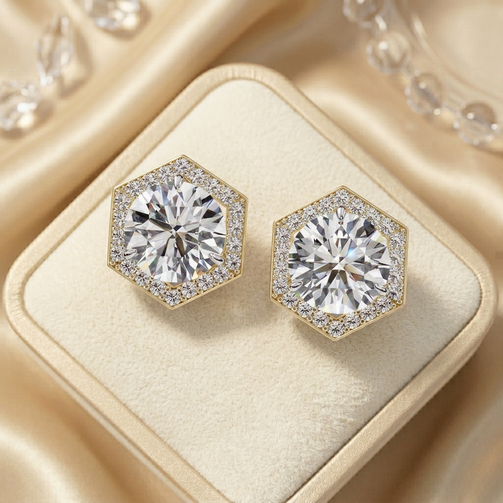 hexagon halo moissanite stud earrings | finora jewelry