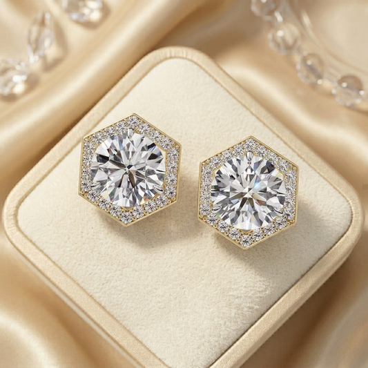 Hexagon Halo Moissanite Stud Earrings | Finora Jewelry
