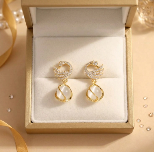 Gold-Tone Crystal Swan Drop Earrings with Teardrop Accents
