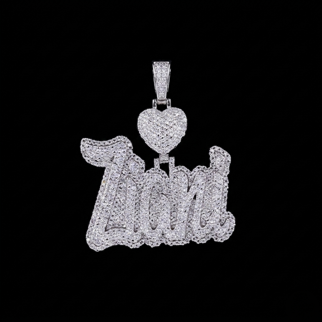 finora jewelry: custom iced-out with custom name pendant with heart accent on diamond tennis chain