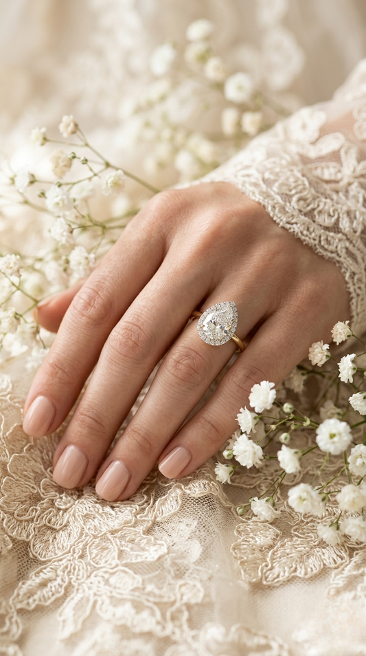 Pear Cut Moissanite Halo Engagement Ring – 925 Silver / 10K / 14K / Platinum / White / Yellow / Rose Gold – Finora Jewelry