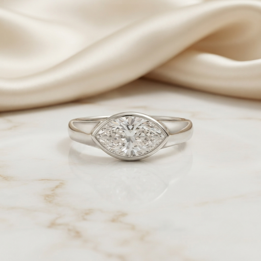 Marquise Cut Moissanite Solitaire Engagement Ring, Modern Bezel Set – Finora Jewelry