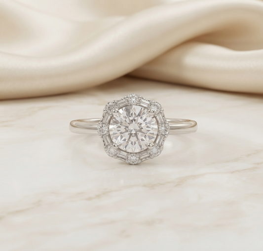 Round Cut Moissanite Halo Engagement Ring with Baguette Side Stones in 925 Silver, 10K & 14K Gold – Finora Jewelry