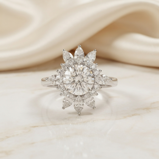 5.41 CT Round Cut Moissanite Halo Engagement Ring with Pear & Round Side Stones | Finora Jewelry