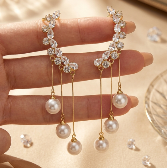 Crystal Ear Crawler with Cascading Pearl Tassels