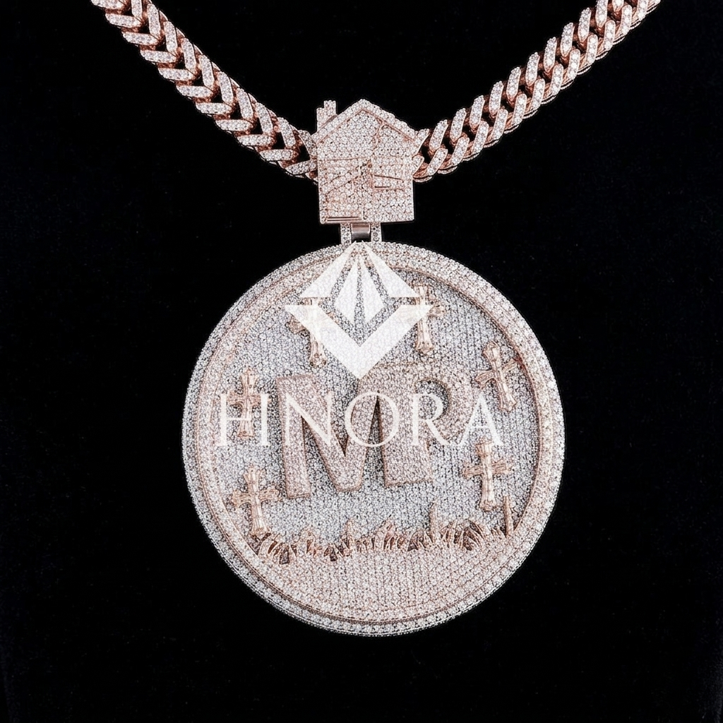 custom round pendant with fully iced rose gold finish and moissanite stones – personalized graveyard-inspired design with house bail and custom text detailing