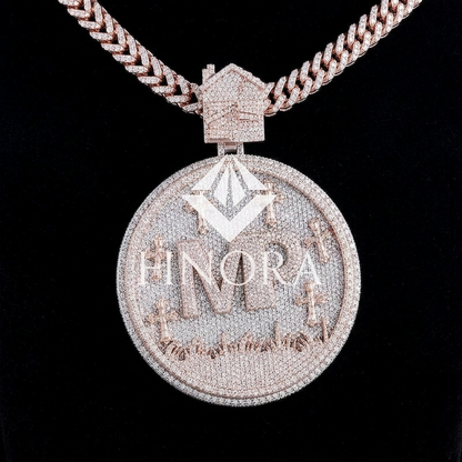 Custom Round Pendant with Fully Iced Rose Gold Finish and Moissanite Stones – Personalized Graveyard-Inspired Design with House Bail and Custom Text Detailing