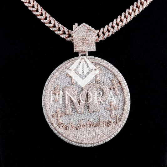 Custom Round Pendant with Fully Iced Rose Gold Finish and Moissanite Stones – Personalized Graveyard-Inspired Design with House Bail and Custom Text Detailing