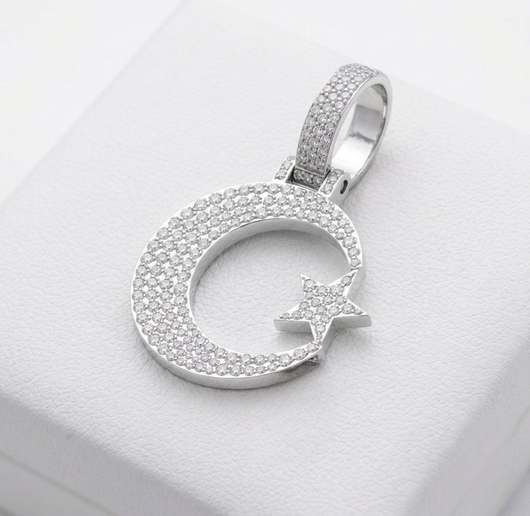 iced-out half moon & star moissanite pendant necklace | pavé set diamond crescent pendant | luxury jewelry – finora jewelry