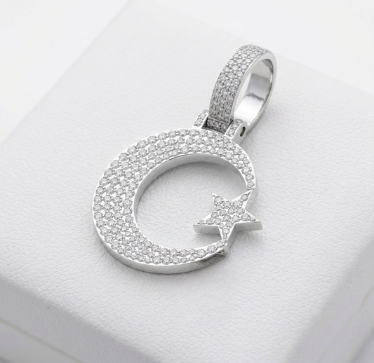 Iced-Out Half Moon & Star Moissanite Pendant Necklace | Pavé Set Diamond Crescent Pendant | Luxury Jewelry – Finora Jewelry