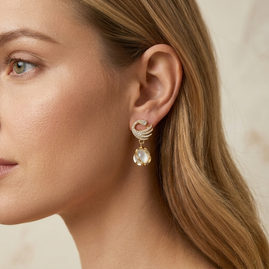 Gold-Tone Crystal Swan Drop Earrings with Teardrop Accents
