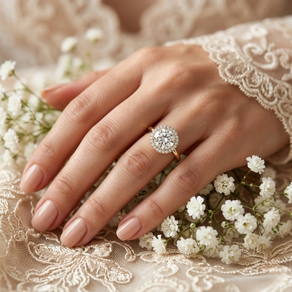 Round Halo Moissanite Engagement Ring with Pavé Accent Diamonds – Timeless Round Cut Sparkle | Finora Jewelry