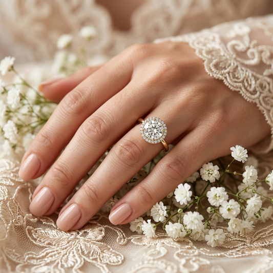 Round Halo Moissanite Engagement Ring with Pavé Accent Diamonds – Timeless Round Cut Sparkle | Finora Jewelry