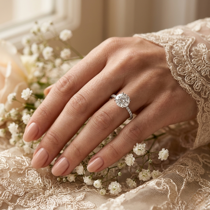 Round Brilliant Moissanite Engagement Ring with Pavé Diamond Band – Classic Four-Prong Solitaire in White, Yellow, or Rose Gold | Finora Jewelry