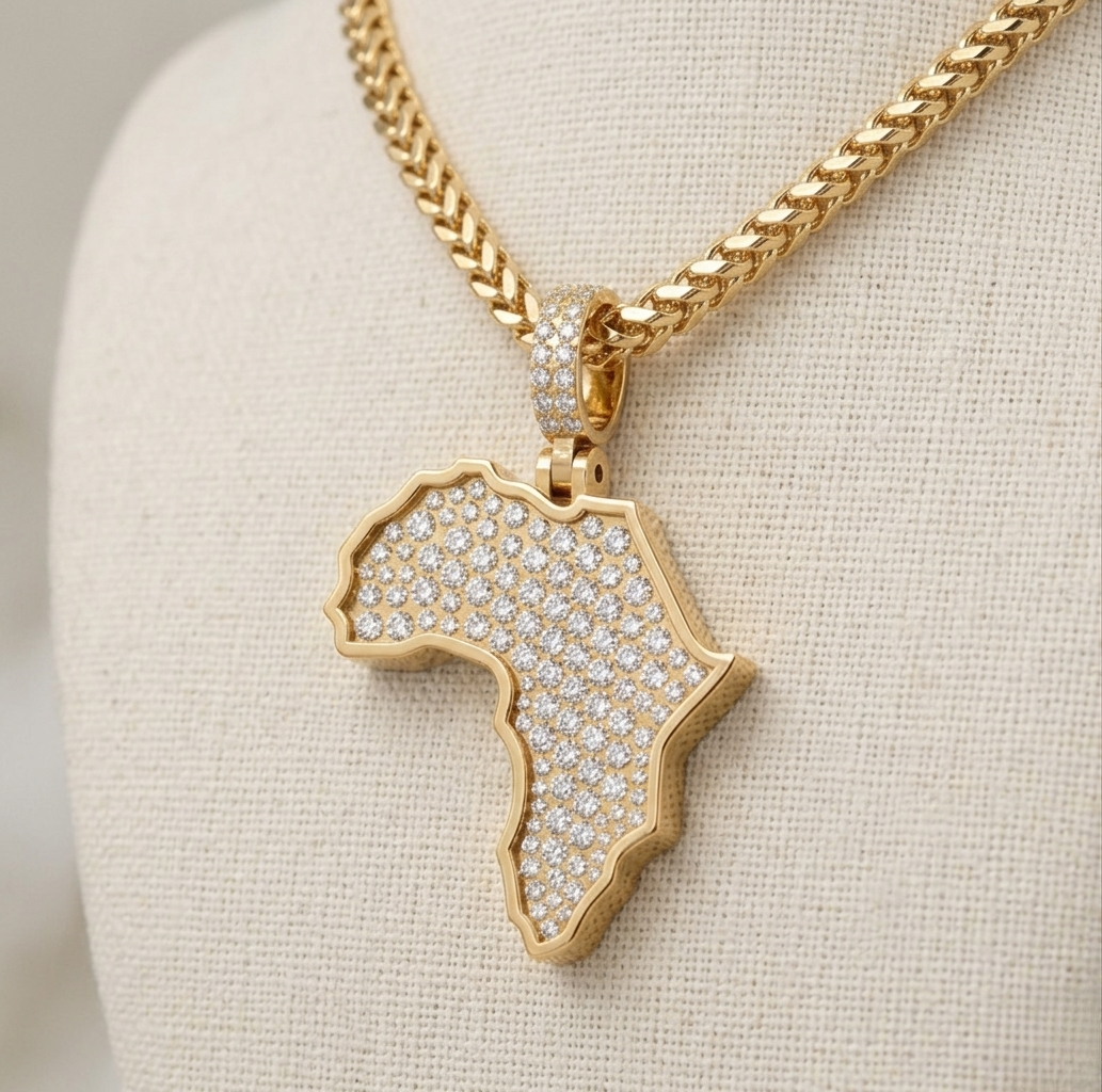 iced-out africa map moissanite pendant necklace | pavé set diamond africa pendant | luxury jewelry – finora jewelry