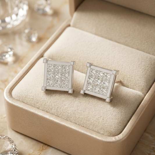 Princess Cut Moissanite Diamond Cluster Stud Earrings – Square Invisible Set Studs | Finora Jewelry