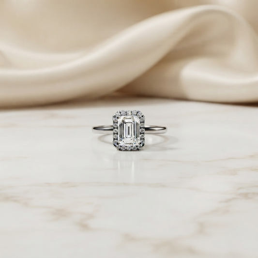 Emerald Cut Moissanite Halo Engagement Ring – Dainty Promise Ring – Anniversary / Birthday / Wedding Gift – 925 Silver / 10K / 14K / Platinum – White / Yellow / Rose Gold – Finora Jewelry