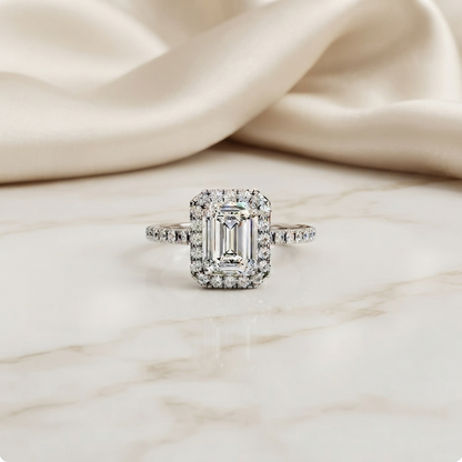 Emerald Cut Halo Ring with Diamond Accents by Finora Jewelry