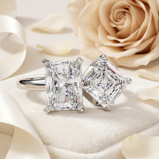 Two-Stone Emerald Square & Radiant Cut Diamond Open Ring in 925 Silver, 10K/14K Gold, or Platinum – Finora Jewelry