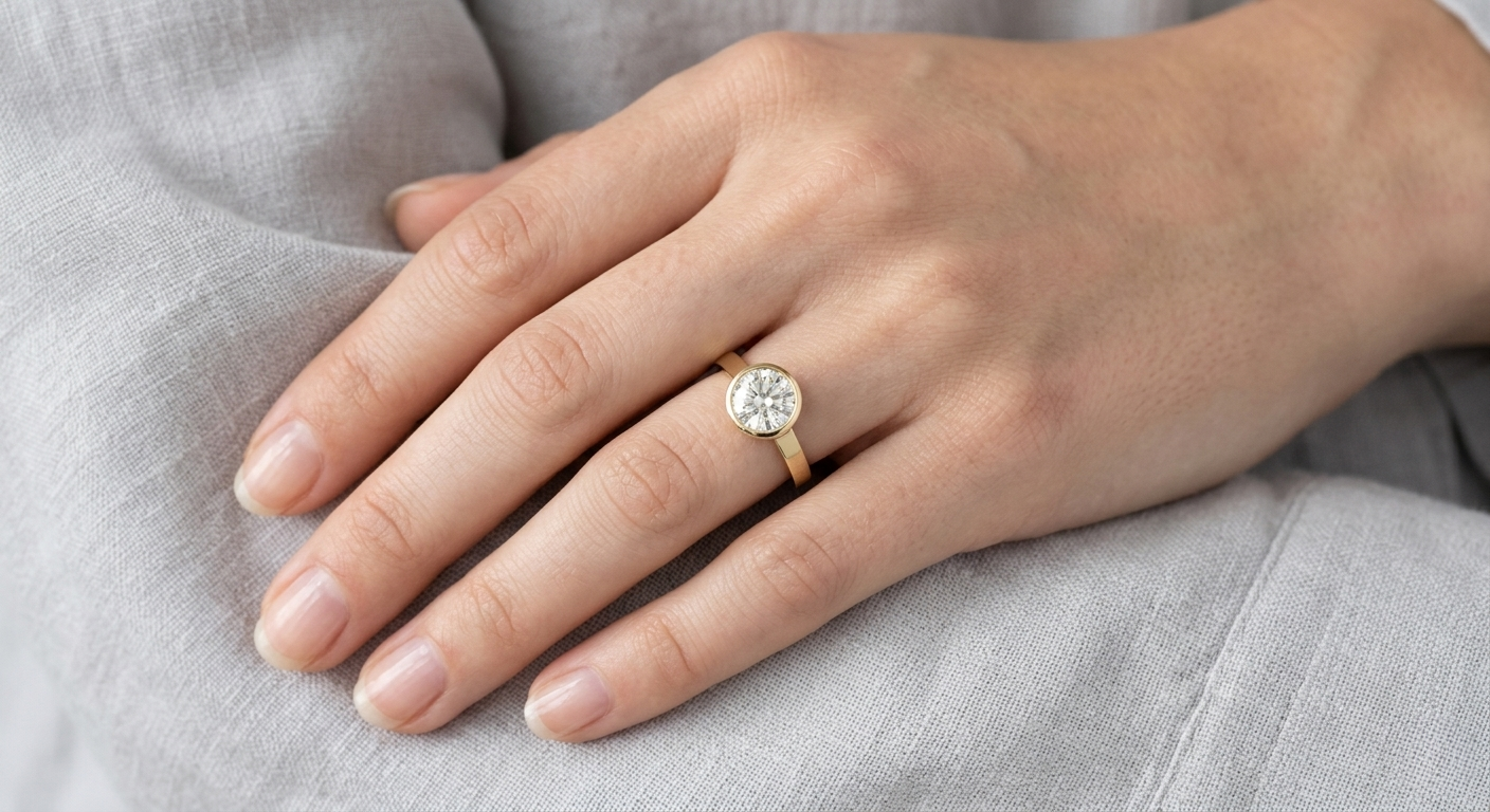 minimalist round moissanite bezel set ring – modern solitaire for promise, engagement or birthday gift – 925 silver / 10k / 14k gold / platinum – white / yellow / rose gold – finora jewelry