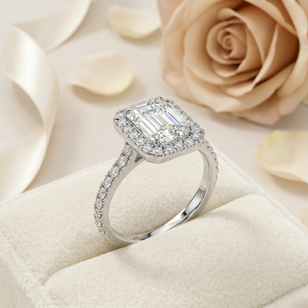 emerald cut halo ring with diamond accents by finora jewelry