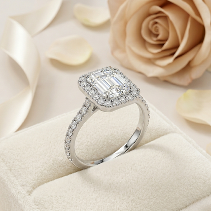 Emerald Cut Halo Ring with Diamond Accents by Finora Jewelry