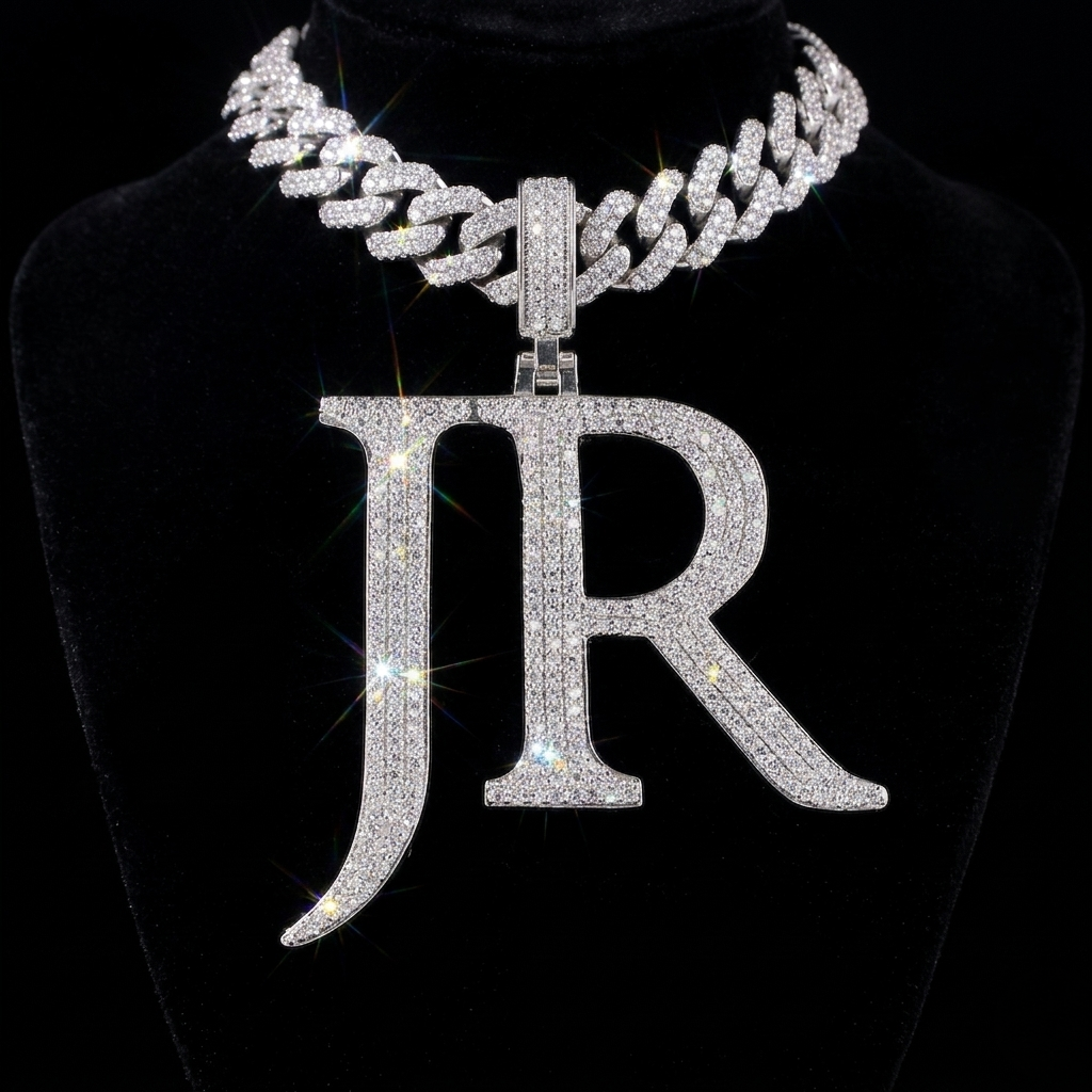 custom letter pendant in white gold finish with hand-set moissanite stones – fully iced bubble font initial charm for chains