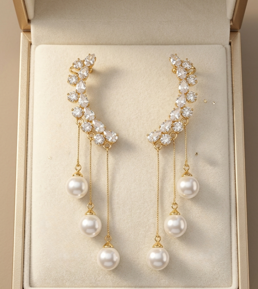 Crystal Ear Crawler with Cascading Pearl Tassels