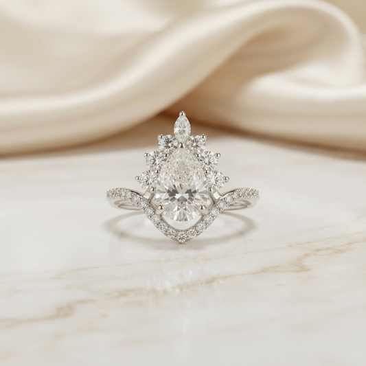 Pear Cut Moissanite Halo Engagement Ring 1.68 CT with Marquise & Round Side Stones in 925 Silver / 10K & 14K Gold