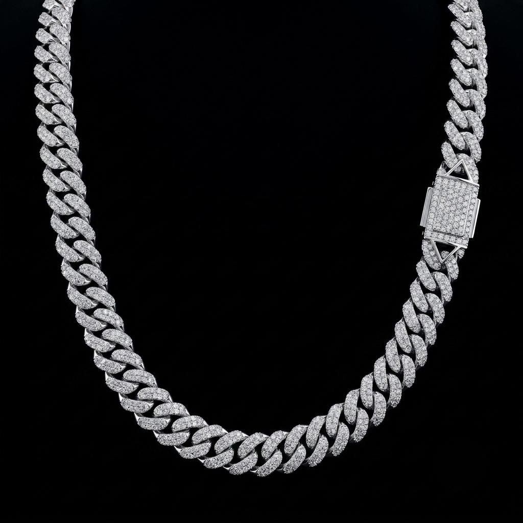 moissanite silver miami cuban link chain - oversized box lock choker