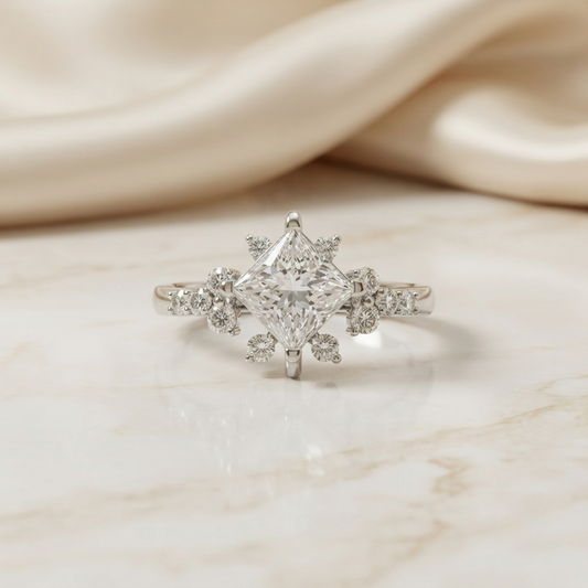 Princess Cut Diamond Cluster Engagement Ring – Regal Radiance in 925 Silver, 10K/14K Yellow, White & Rose Gold, or Platinum – Finora Elegant Snowflake-Inspired Design for Her