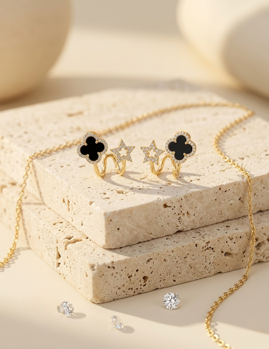 Gold-Tone Black Clover & Star Mismatched Ear Cuff Earrings