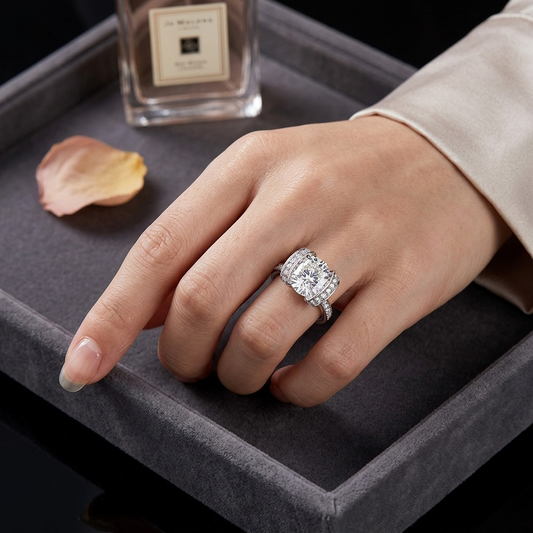 Bold Round-Cut Diamond Ring with Pavé-Set Accent Bands in 925 Silver, 10K / 14K Gold, or Platinum – Finora Jewelry